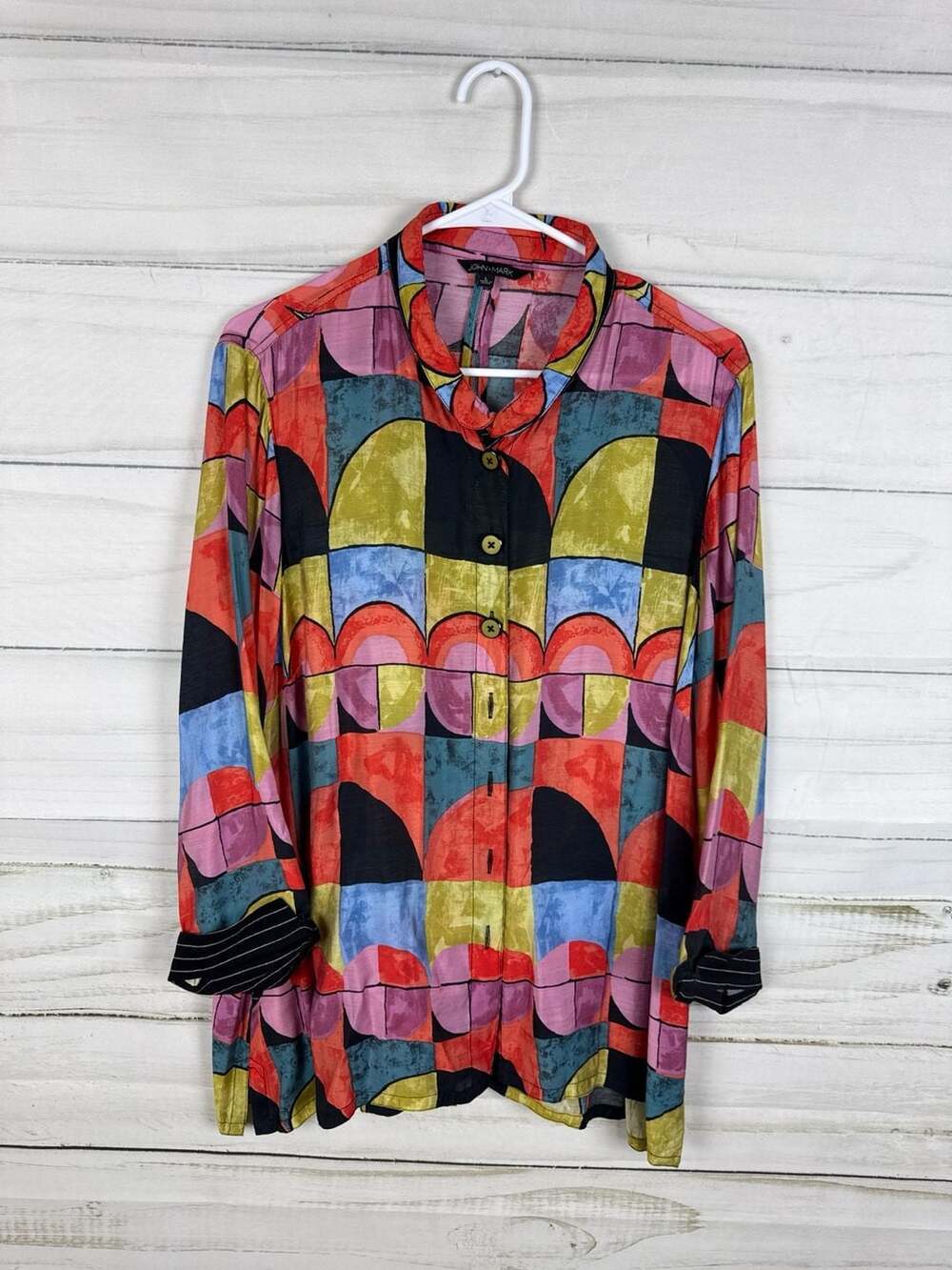 John Mark Artsy Lagenlook Wire Collar Geometric Abstract Print Blouse Tunic